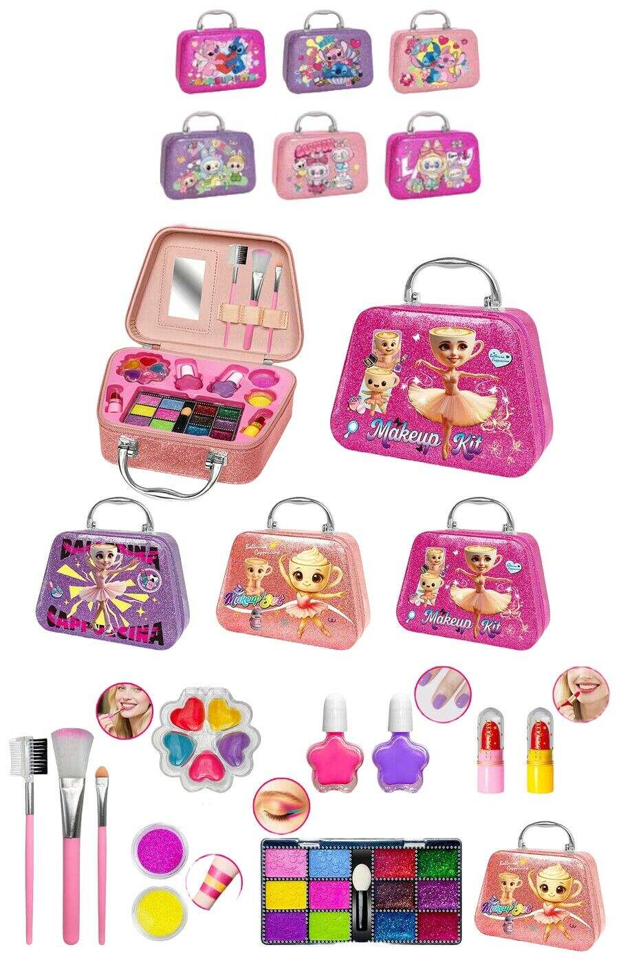 MALETIN DE MAQUILLAJE DE 2 PISOS INFANTIL c/ESPEJO Stitch Labubu Brainrot 72u