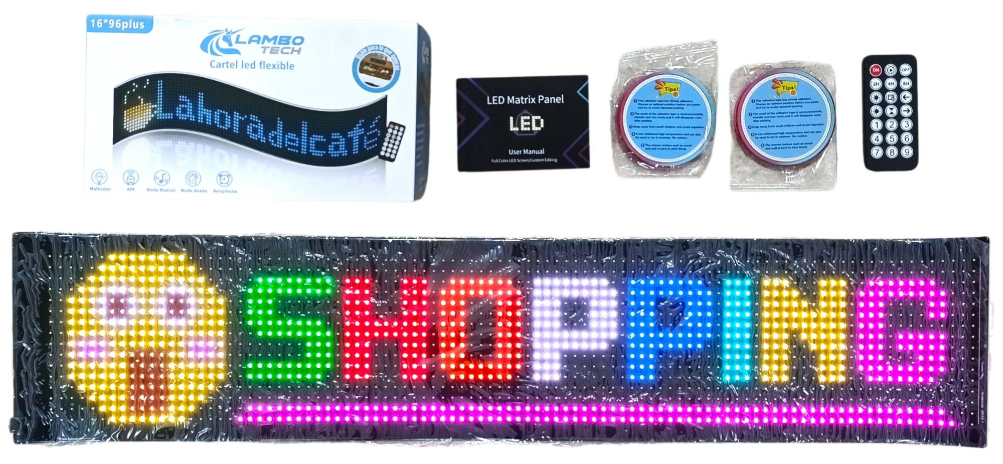 CARTEL LED FLEXIBLE 16x96px plus LAMBO TECH RGB PERSONALIZADO PARA AUTOS 90x20cm 18u