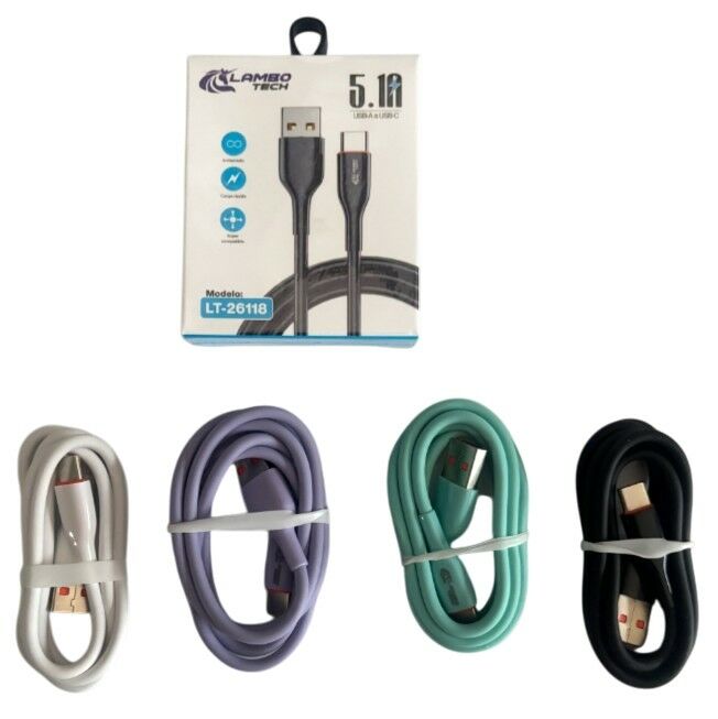 CABLE V8 CARGA RAPIDA 5.1A LAMBO TECH LT-26118 4negro 4blanco 4lila 2celeste 600u