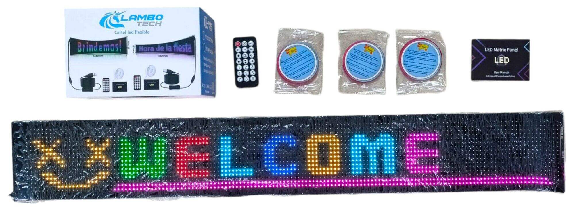 CARTEL LED FLEXIBLE 16x144px LAMBO TECH RGB PERSONALIZADO PARA AUTOS 130x19.2cm 12u