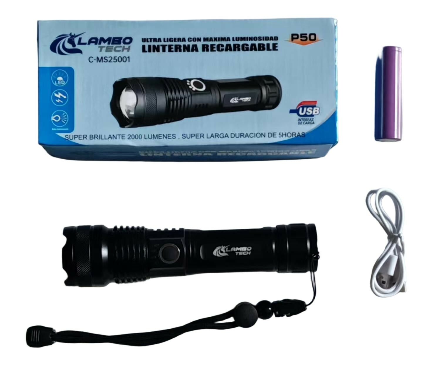 LINTERNA ALUMINIO P50 RECARGABLE USB LAMBO TECH C-MS25001 100u