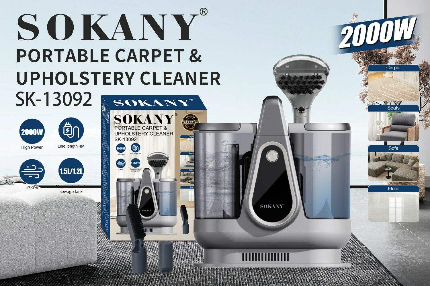 ASPIRADORA LIMPIADOR A VAPOR DE TAPIZADO ALFOMBRA AUTO SOKANY SK-13092 1.5l 2000w 3u