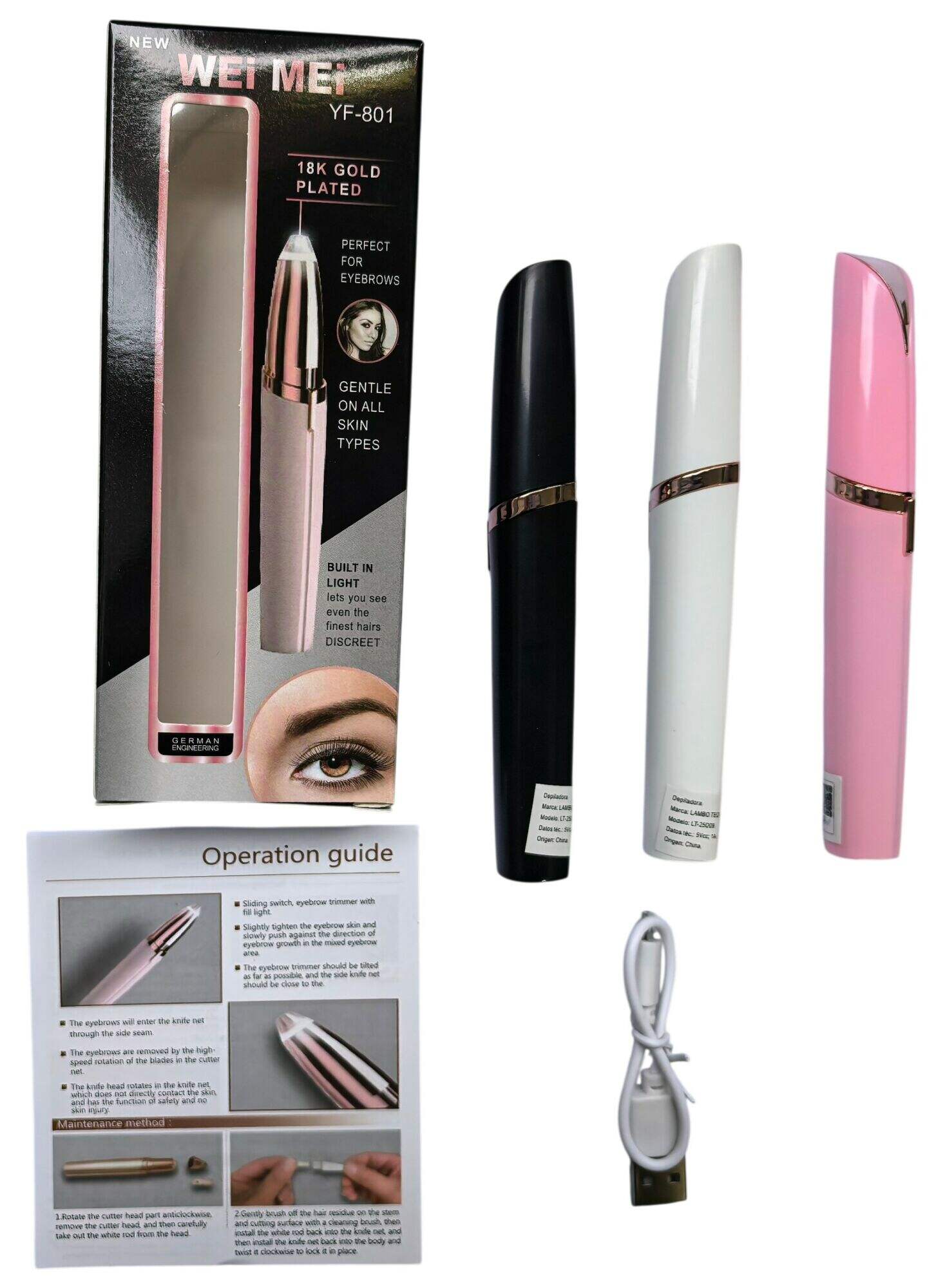DEPILADORA FACIAL WEI MEI YF-801 RECARGABLE LT-25D09 100rosa 50blanco 50negro DESARMADA 300u