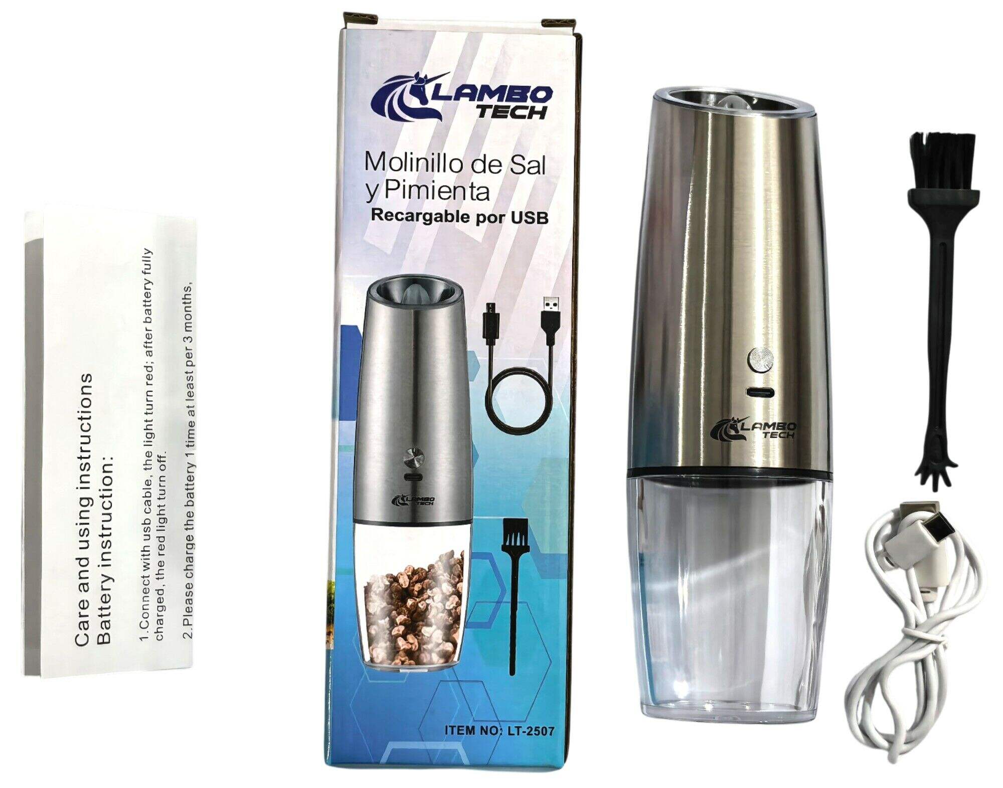 MOLINILLO DE SAL Y PIMIENTA LAMBO TECH LT-2507 ACERO INOXIDABLE RECARGABLE 40u