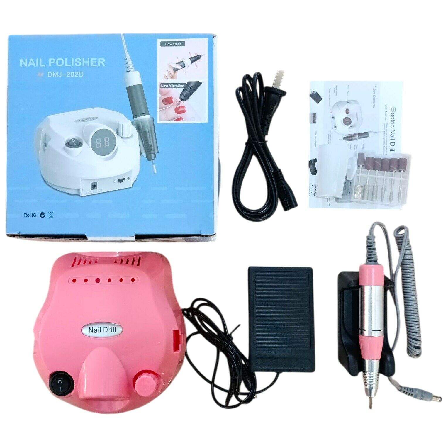 TORNO PROFESIONAL MANICURA PEDICURA 202DKF c/VISOR PEDAL FRESAS 220v rosa 12u