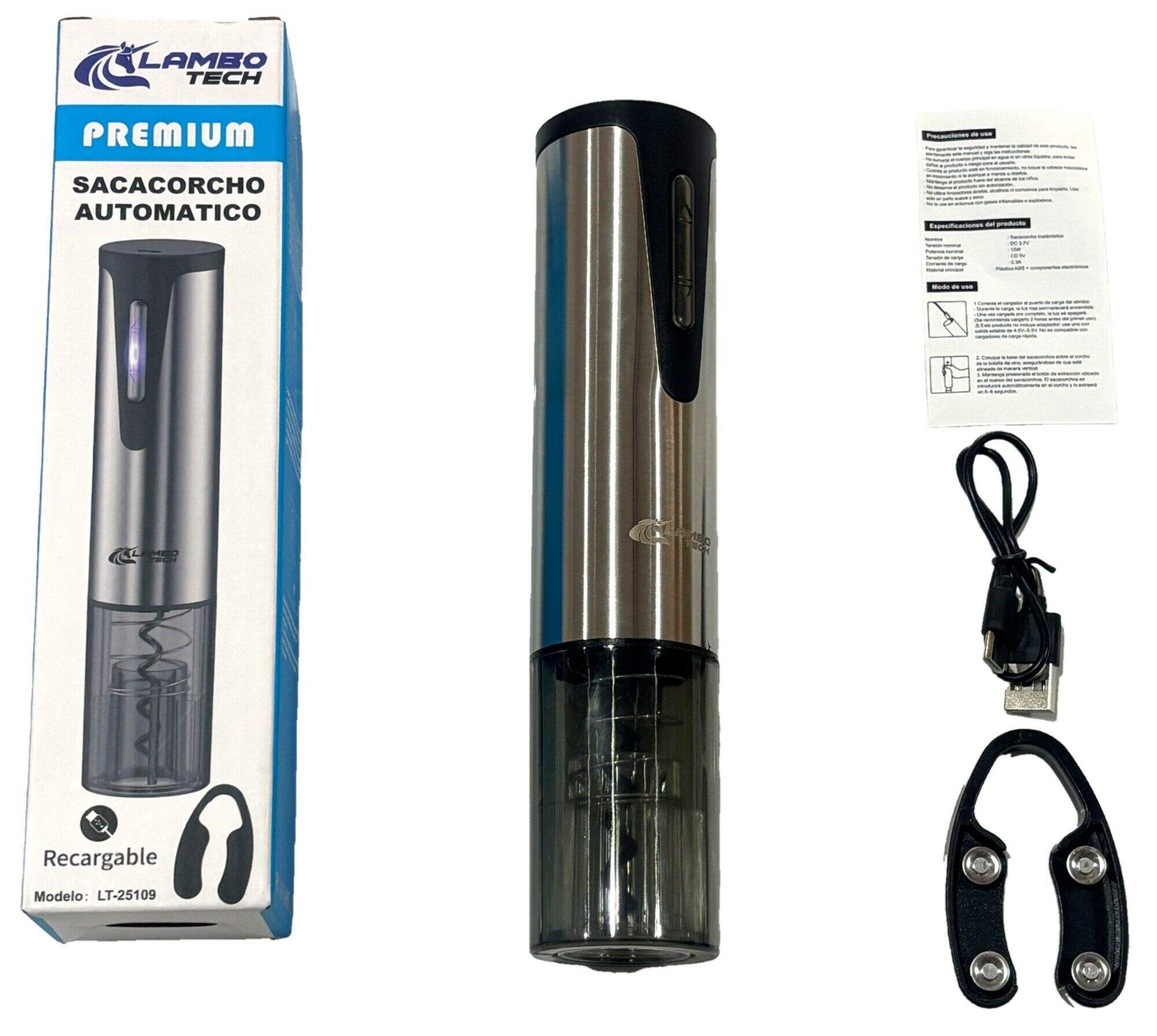 SACACORCHO PARA VINO RECARGABLE USB LAMBO TECH LT-25109 50u
