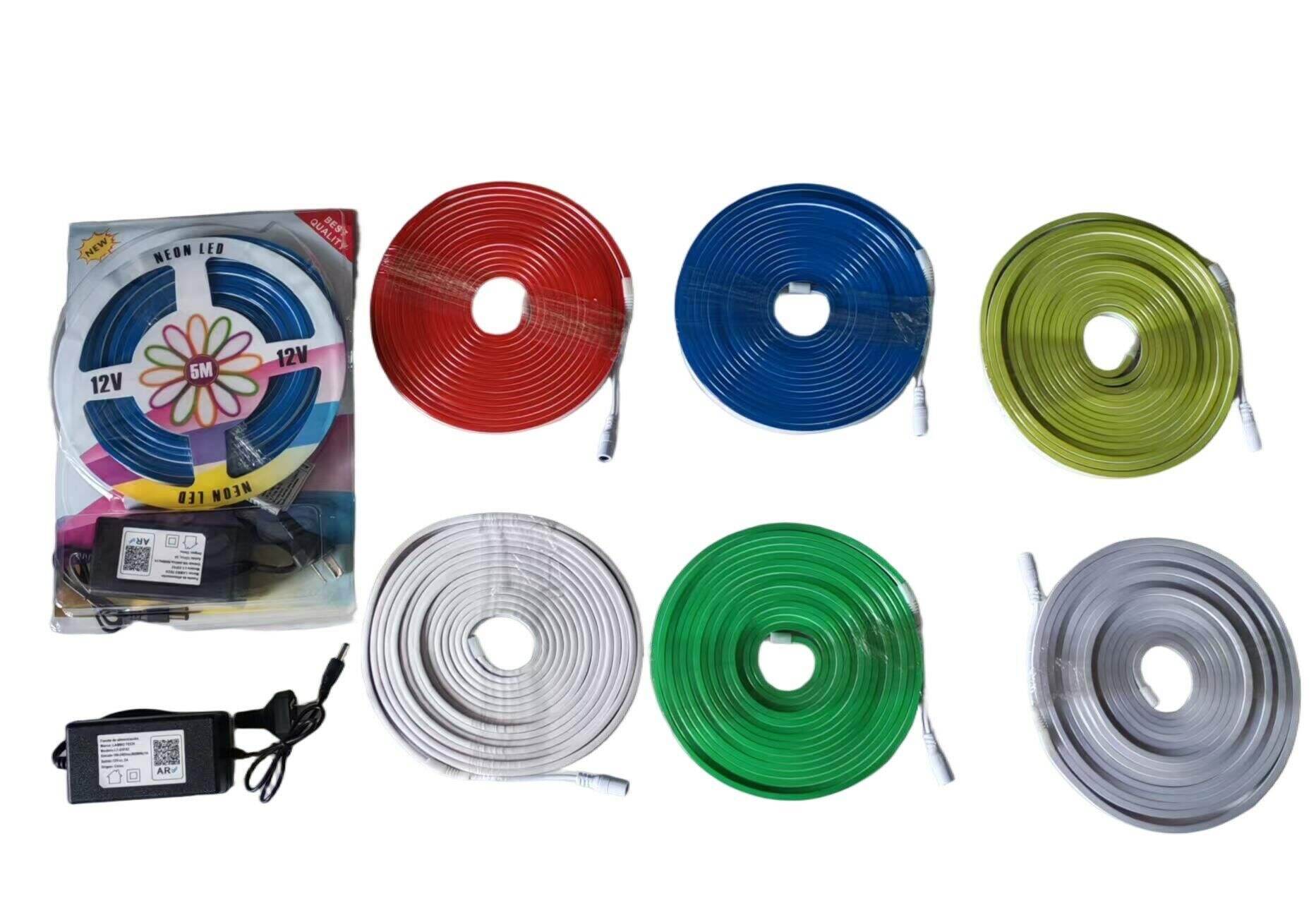 TIRA NEON MONOCOLOR COLORES SURTIDOS 12V CON FUENTE 5m 50u