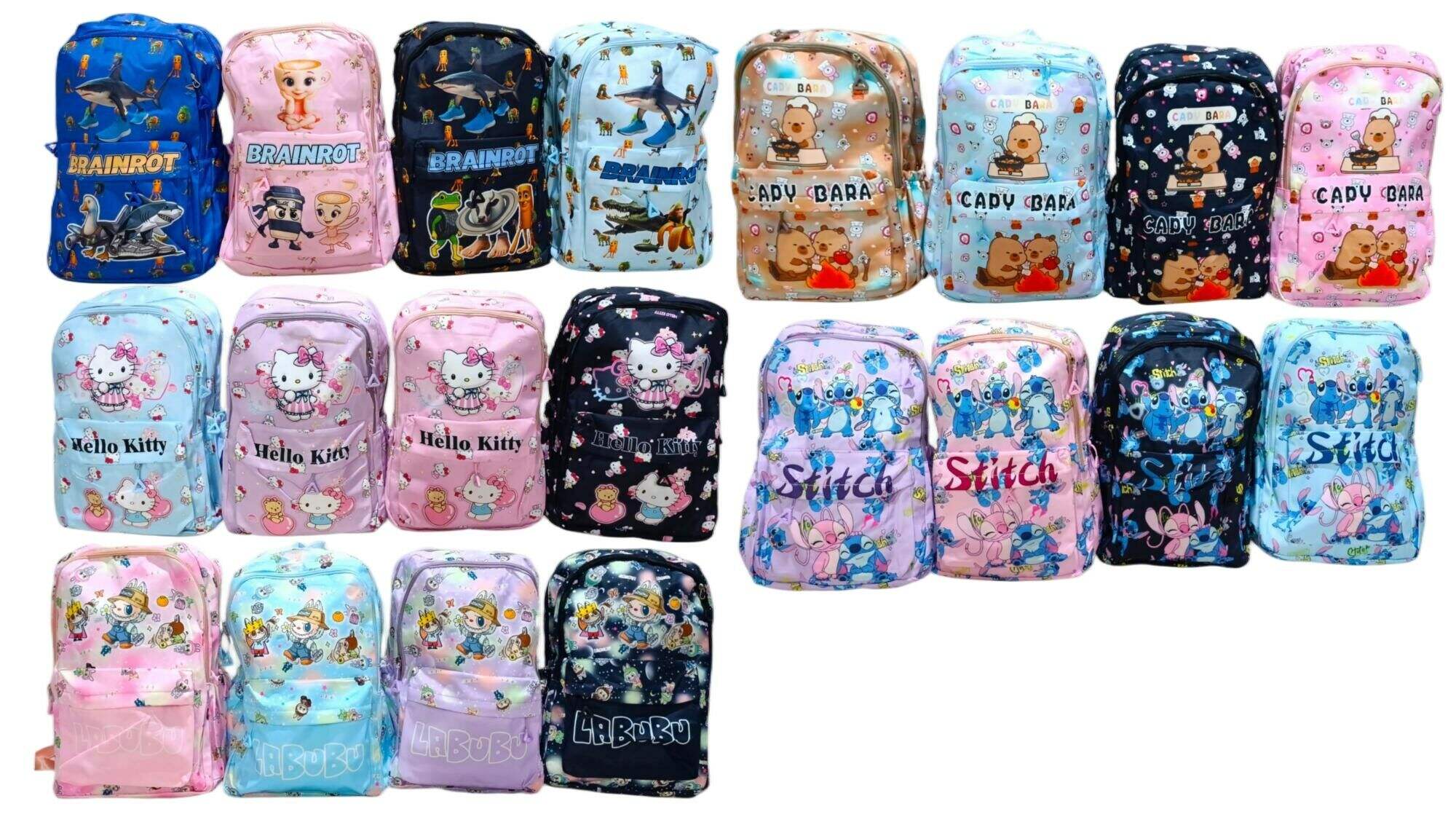 MOCHILA PERSONAJES Brainrot Capybara Labubu Kitty SURTIDO 120u