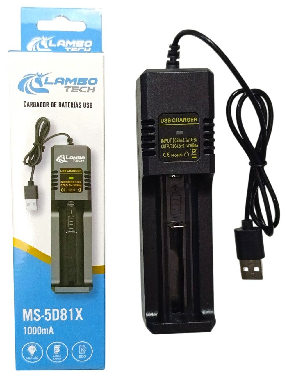 CARGADOR DE BATERIAS PILAS MS-5D81X USB 1000mA LAMBO TECH 200u