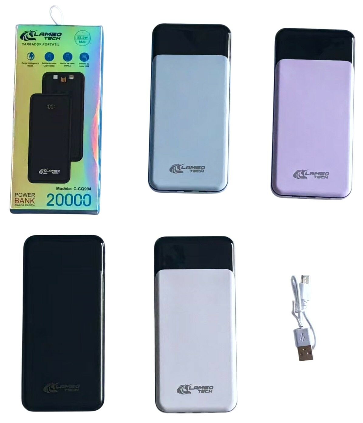 CARGADOR PORTATIL POWER BANK LAMBO TECH C-CQ904 20000mAh 40negro 30blanco 30lila 20celeste 100u
