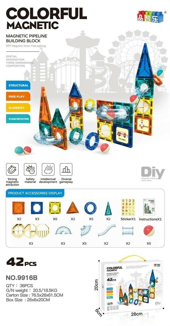 BLOQUES MAGNETICOS CONSTRUCCION COLORFUL MAGNETIC 9916B TOBOGAN x42pcs 36u