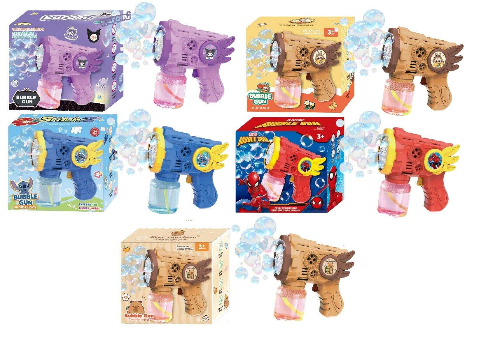 PISTOLA BURBUJERO  055 c/LUCES  100ml VARIOS PERSONAJES 14cmx6cmx13cm 120u