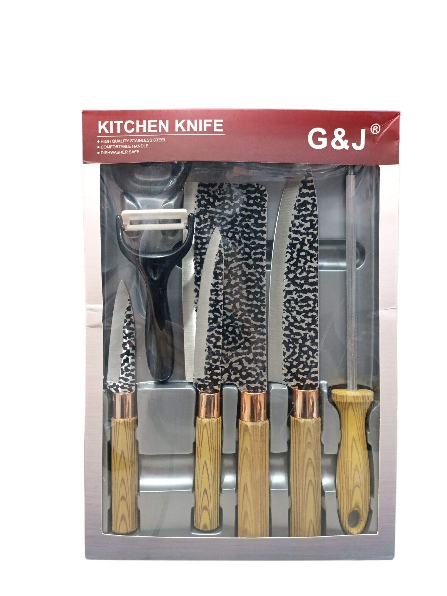 KIT COCINA MULTIUSO G&J G81893 x6pcs 4 cuchillos 1 afilador 1 pelapapa 36u