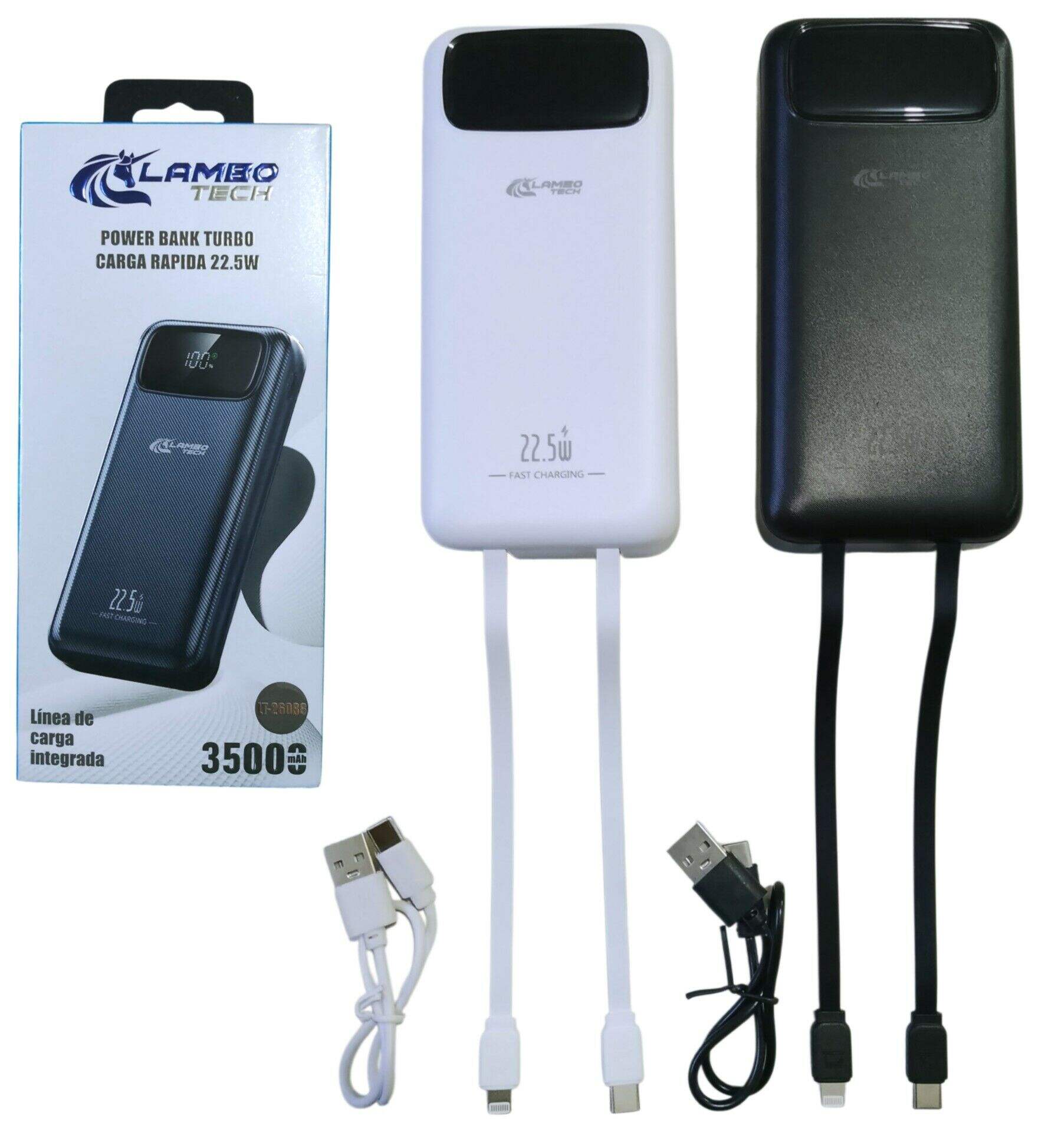 CARGADOR PORTATIL POWER BANK CARGA RAPIDA 22.5w LAMBO TECH LT-26088 35000mAh 25negro 25blanco 50u