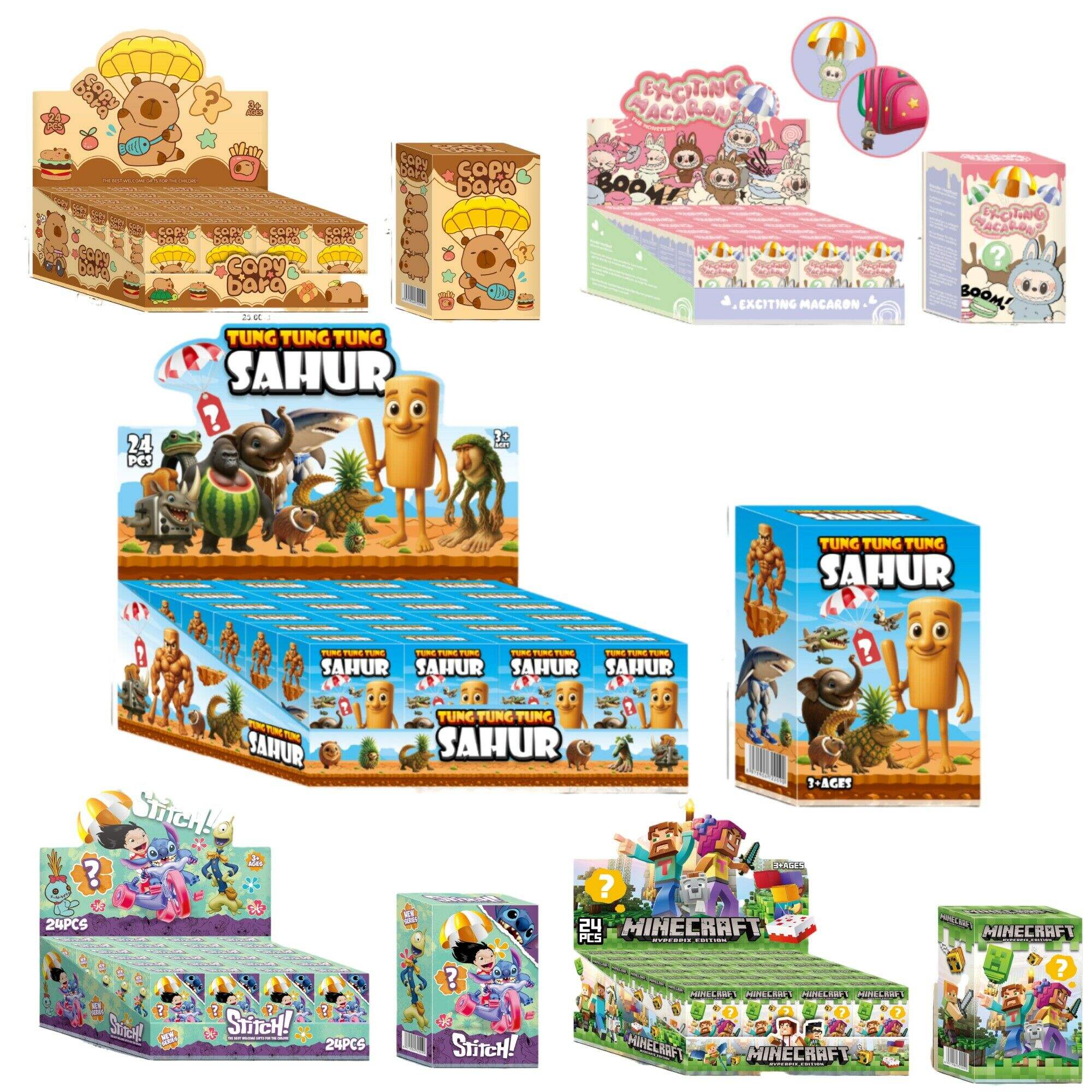 CAJA SORPRESA FIGURITA c/ PARACAIDA PERSONAJE 187-006 Brain rot Capybara Minecraft Labubu Stitch 115