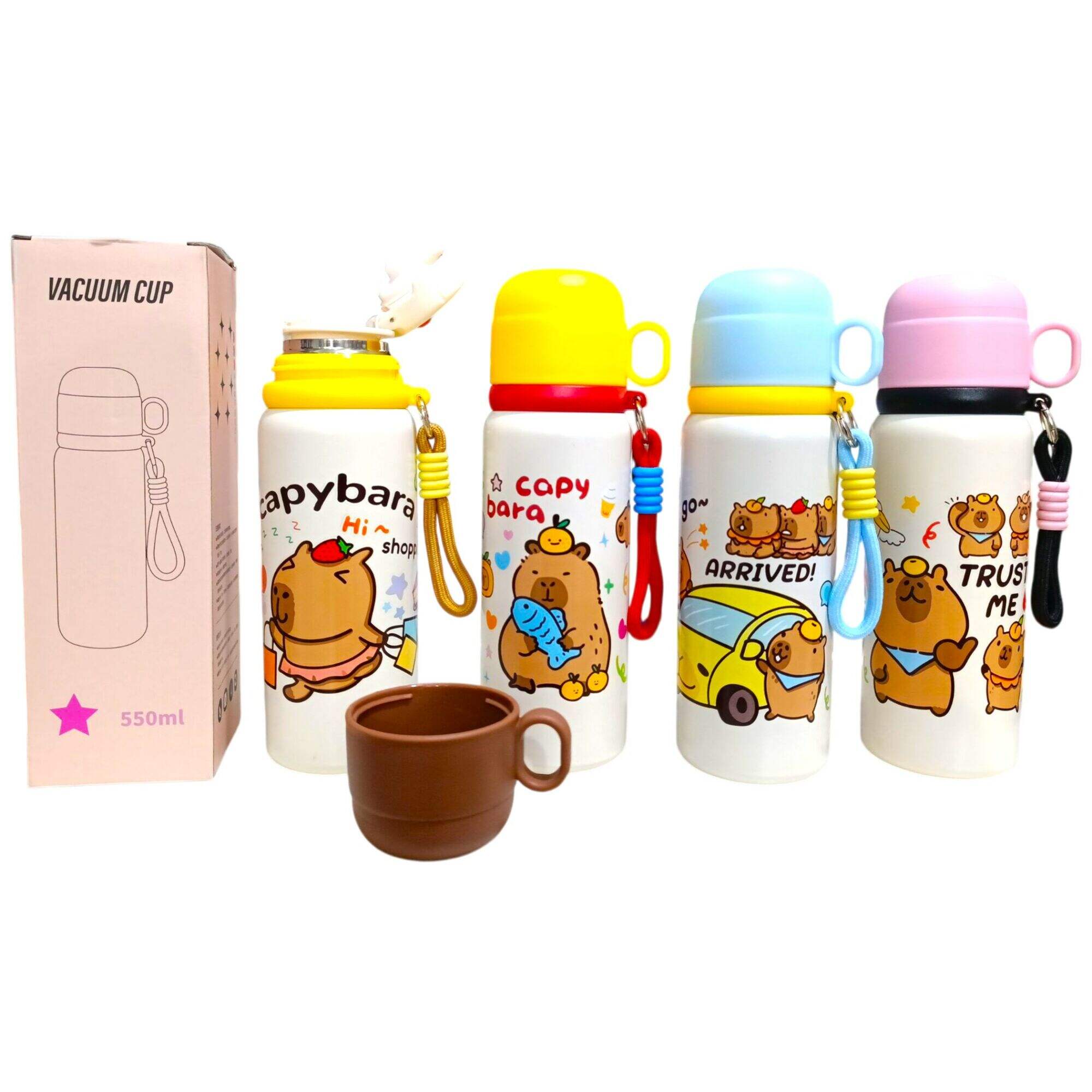 BOTELLA TERMICA con VASO COLGANTE 550ml ACERO INOXIDABLE SUS 316 ANTIDESLIZANTE capybara labubu 60u