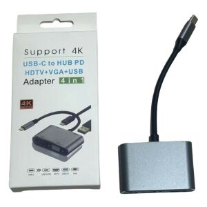 ADAPTADOR HUB 4en1 TipoC a HUB PD+HDTV+VGA+USB METAL 200u