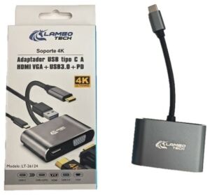 ADAPTADOR HUB 4en1 TipoC a HDMI VGA USB3.0 PD 4K LAMBO TECH LT-26124 200u